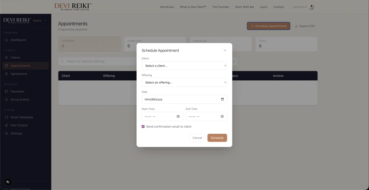 Devi Reiki Admin Portal — Scheduling & Operations