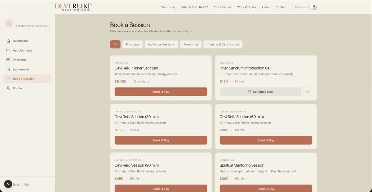 Devi Reiki Client Portal — Session & Contract Access