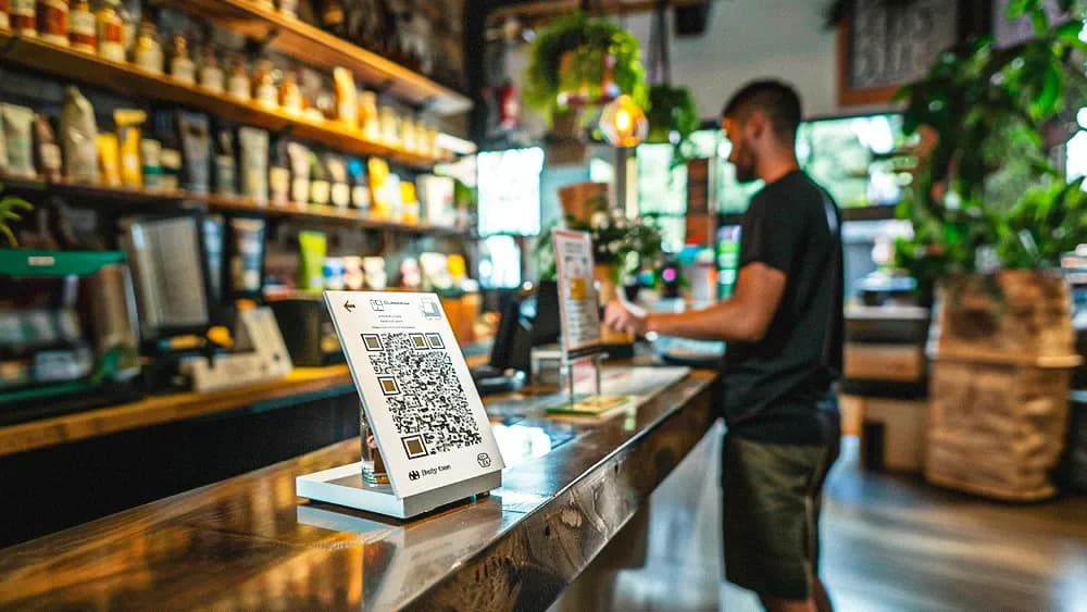 A cozy coffee shop interior featuring a wooden counter with a prominent QR code display for digital payments. In the background, a customer is making a purchase, surrounded by shelves stocked with various coffee products. The ambiance is warm and inviting, with plants and soft lighting enhancing the atmosphere.
